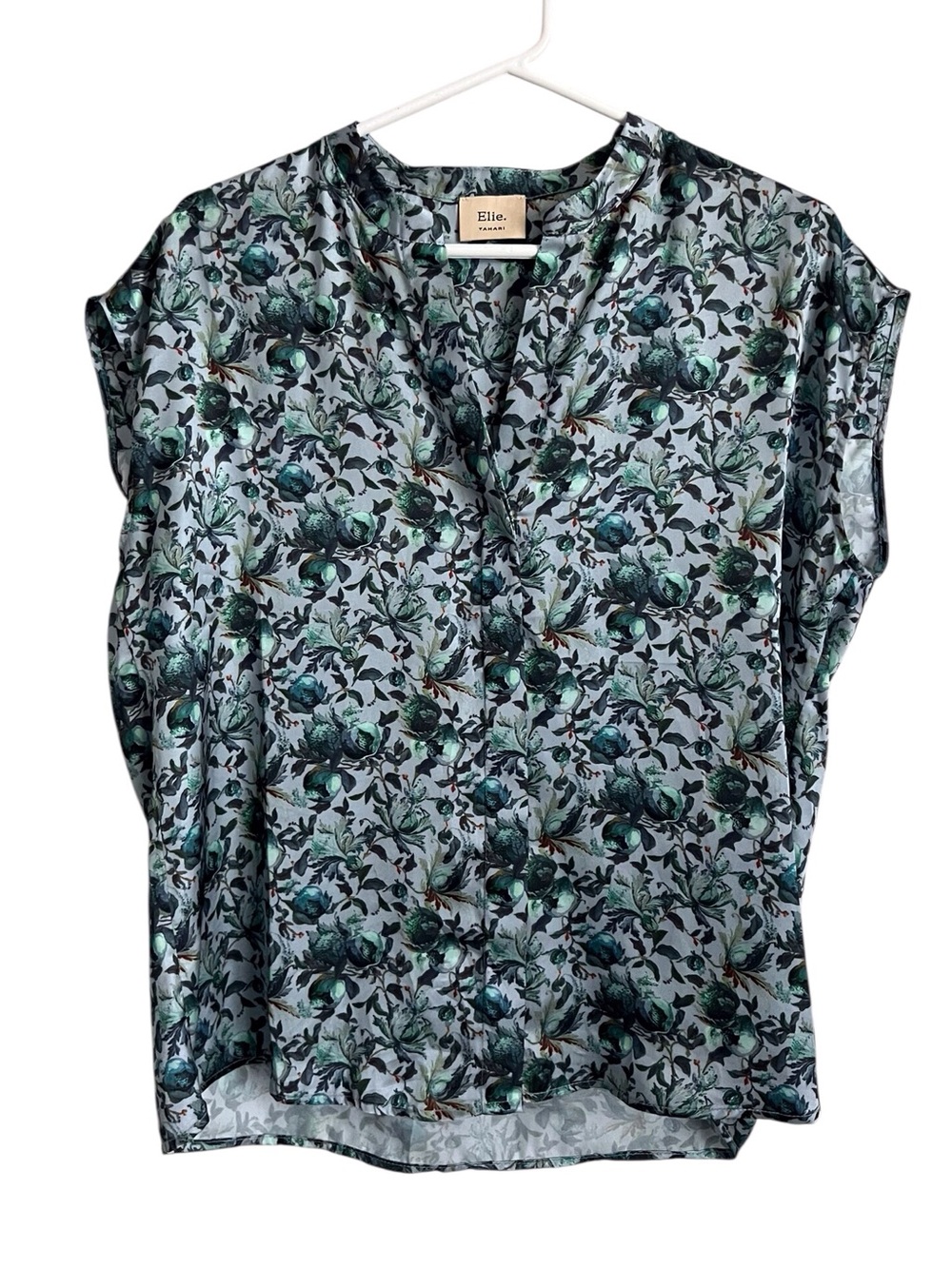 Ellie Tahari Green Floral Blouse Top Capped Sleeve V-Neck Satin Career Medium